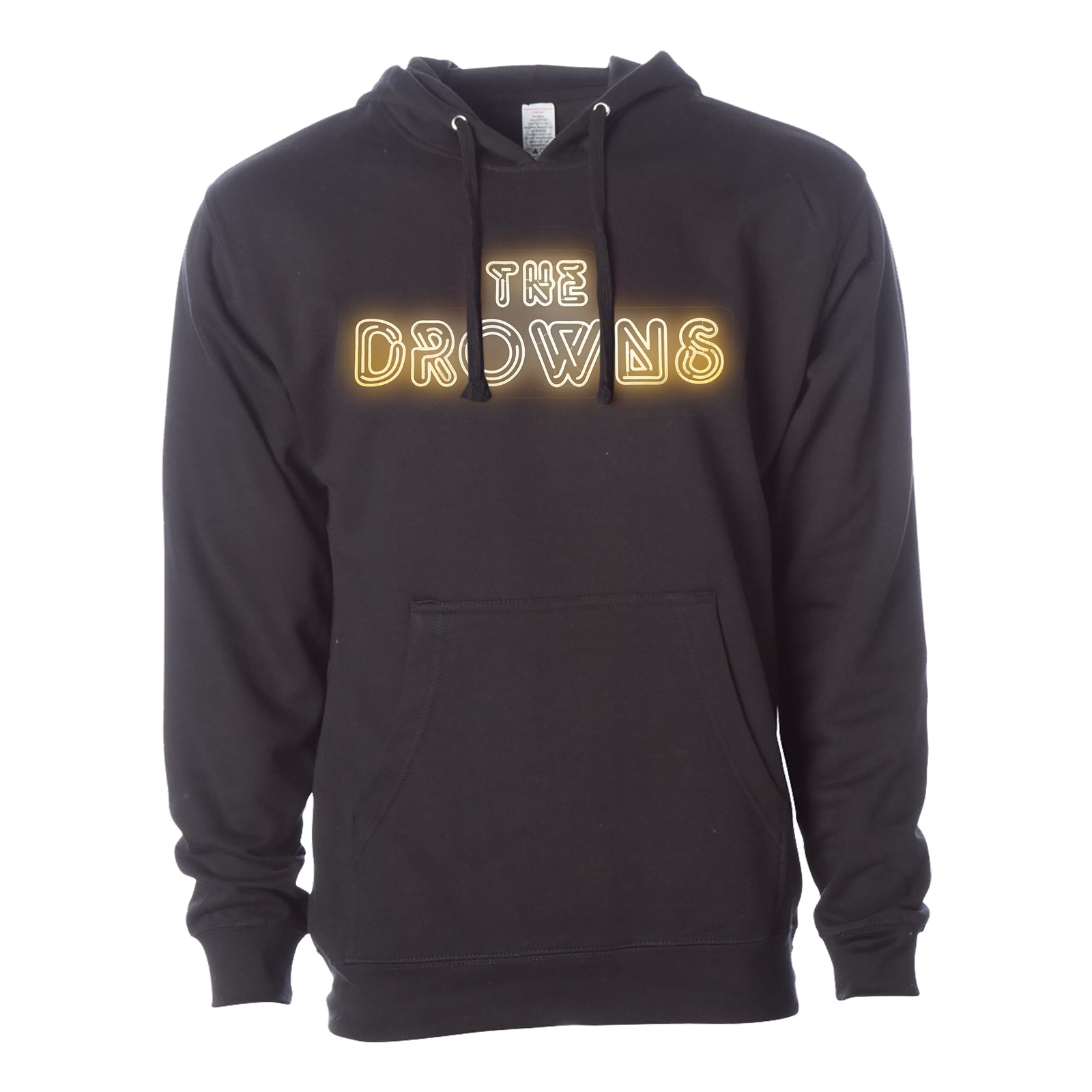 A Blacked Out hoodie by The Drowns with a front pocket and hood, showcasing “THE DROWNS” in bold, yellow neon-style lettering across the chest.