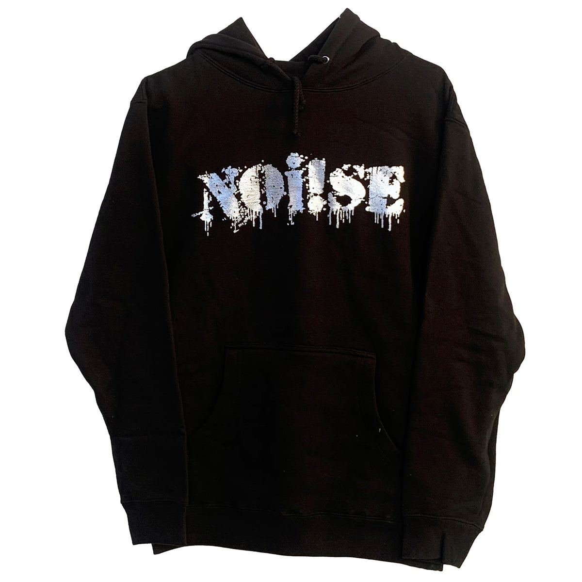 A NOi!SE black Independent IND4000 hoodie with a front pocket, featuring the bold NOi!SE logo in white, highlighted by a blue paint-splatter effect and striking silver ink across the chest.