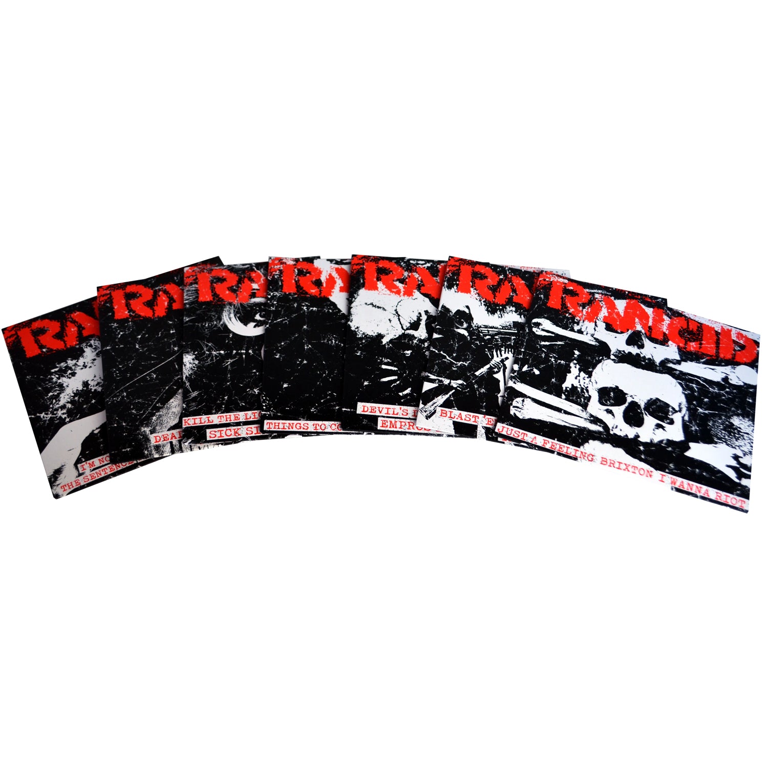 Seven Rancid punk rock vinyl album covers are fanned out, showcasing bold red and white text with black-and-white skulls and gritty graphics—a must-have limited edition for fans.