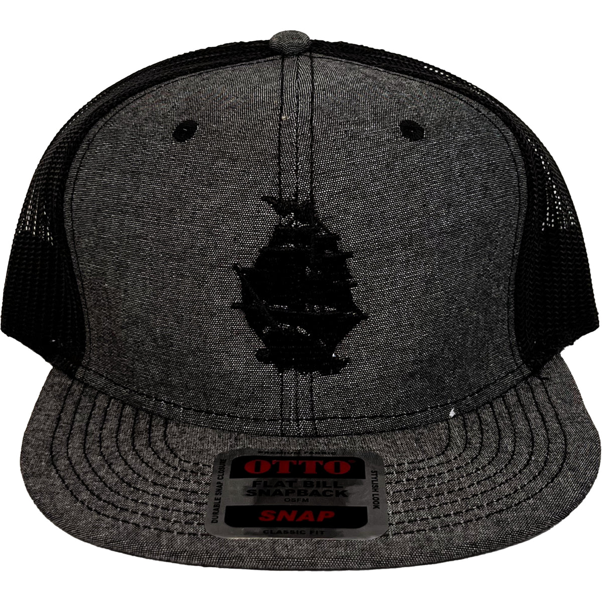 A chambray grey snapback trucker hat by Pirates Press Records, featuring black mesh sides, a bold Ship Logo embroidered on the front, visible brim stitching, and an OTTO SNAPBACK sticker underneath—a true signature accessory.