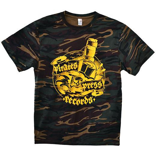 A camo unisex T-shirt from Pirates Press Records with a large yellow skull, bottle, and scroll graphic plus stylized brand text. Printed on comfy Anvil #939 for everyday wear.