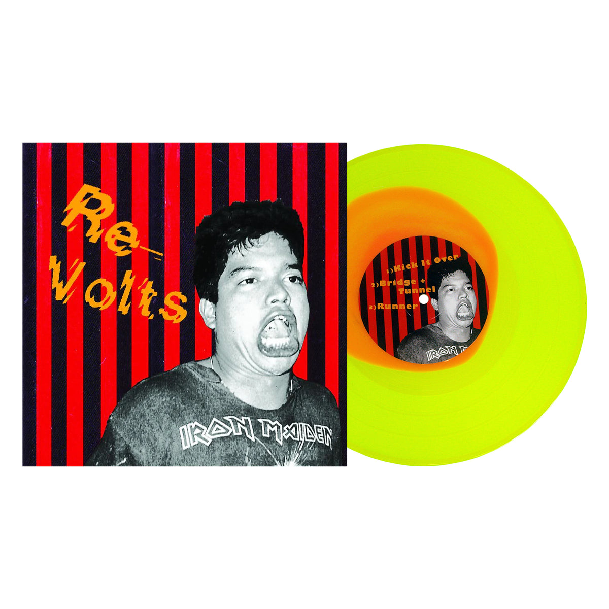 A yellow 10 vinyl EP by Re-Volts rests near its cover, which shows a man in a SWINGIN UTTERS shirt making a funny face. The background has red and black stripes with bold yellow RE-VOLTS text.