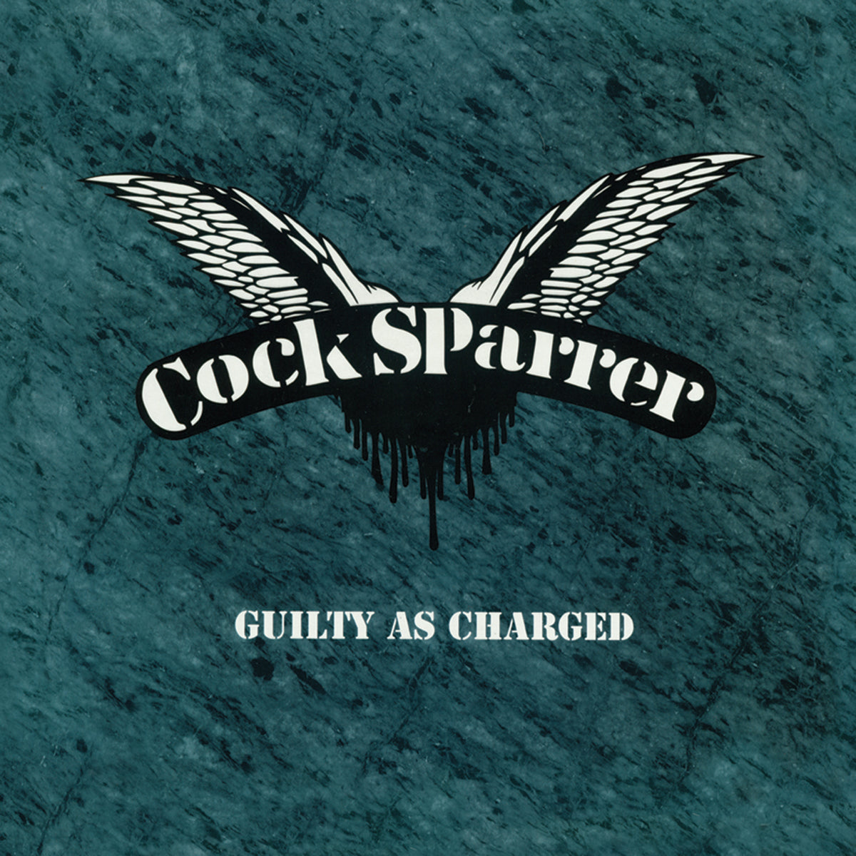 Cock Sparrer album cover for Guilty as Charged, featuring the band’s iconic winged logo on a textured teal background with the album title in bold white lettering below.