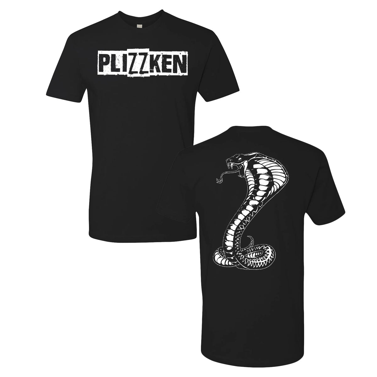 Plizzken black T-shirt featuring bold white block lettering on the front and a large coiled cobra snake graphic on the back, printed on a premium Next Level 3600 tee for superior comfort and style.