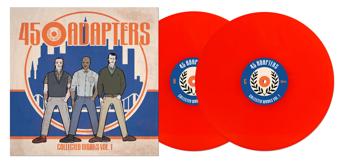 Two bright red vinyl records and album cover for 45 Adapters: Collected Works Vol. 1, featuring three illustrated men standing together against a retro-themed background.