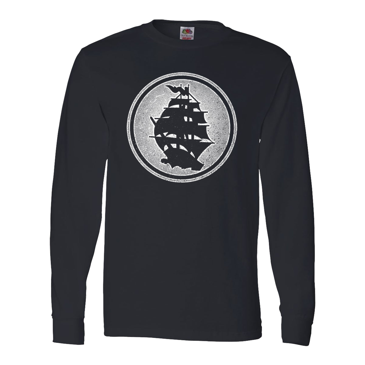 A black Pirates Press Records long-sleeve shirt featuring a white circular emblem with a large sailing ship silhouette in the center.