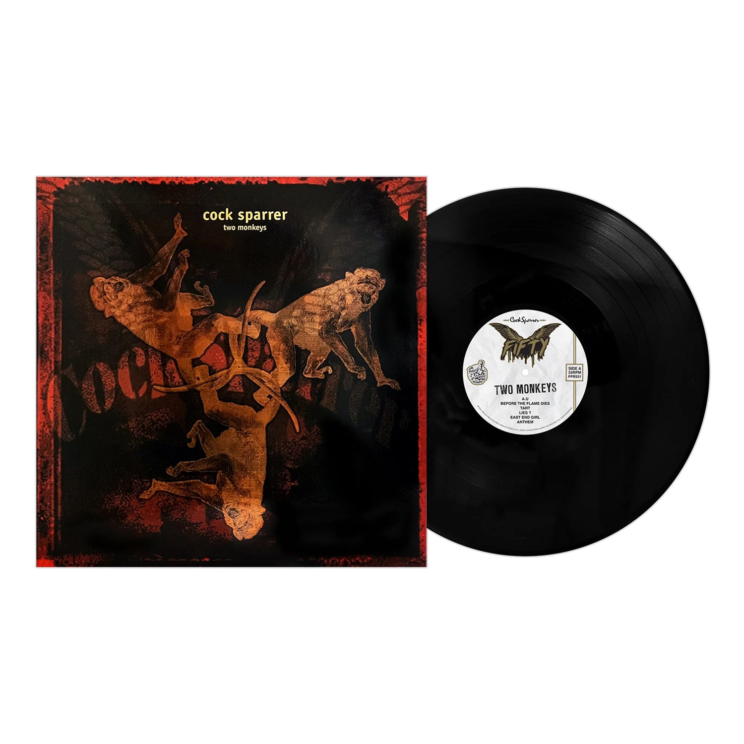 A vinyl record beside its album cover for Cock Sparrer’s Two Monkeys, featuring illustrated monkeys on a dark background. The record label shows the Cock Sparrer brand name and album title.