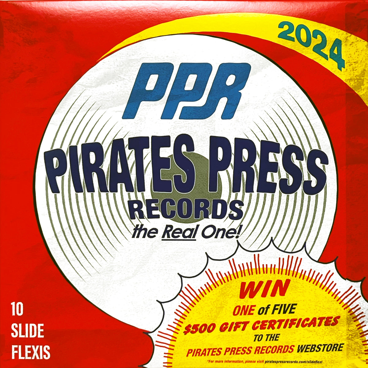 A bold, colorful Pirates Press Records 2024 cover highlights their collectible series. Enter to win one of five $500 webstore gift certificates. Features large record graphics and vibrant red, white, and yellow SLIDE FLEXIS elements.