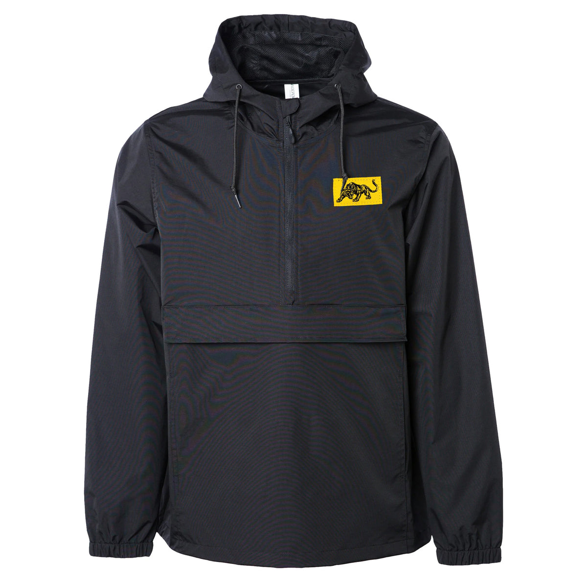 A black weatherproof hooded anorak by The Aggrolites with a front zipper, large pocket, and a yellow rectangular patch featuring the Panther logo on the left chest for standout style.