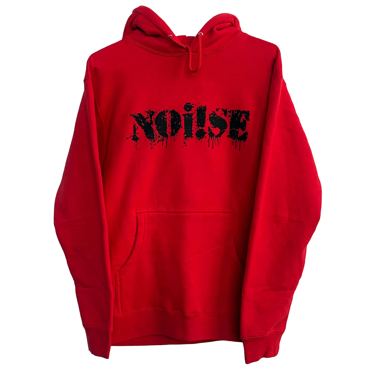 A vibrant red NOi!SE hoodie with a front pocket and hood, showcasing NOISE in bold black paint-dripped letters across the chest. Official band merchandise, Style: Independent #IND4000 by NOi!SE.