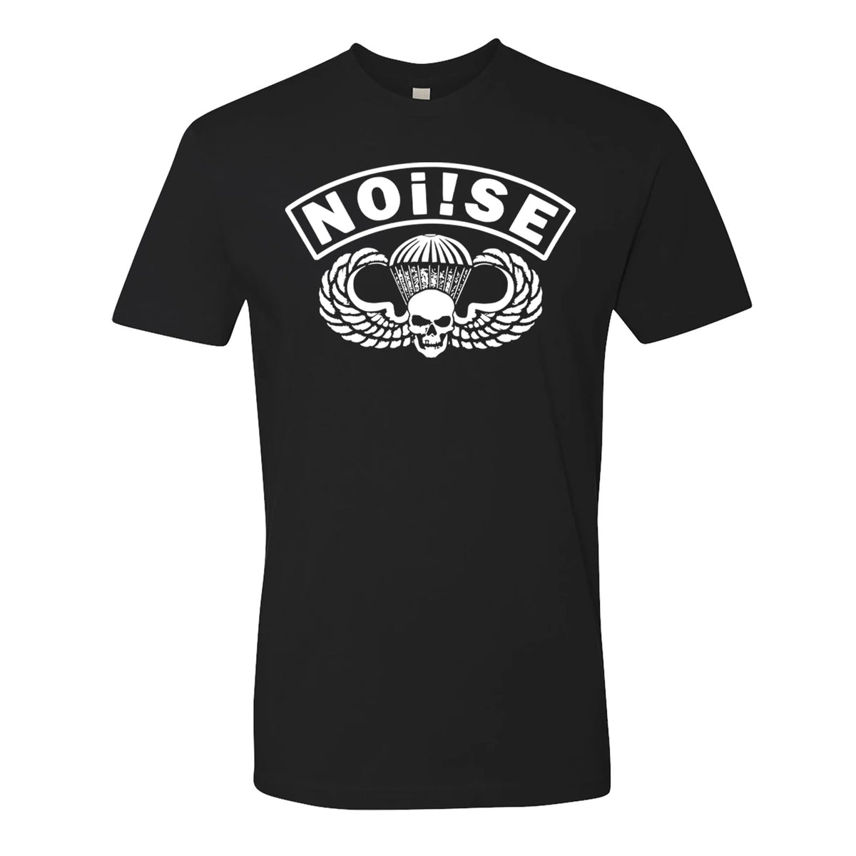 NOi!SE unisex black T-shirt features bold white NOi!SE lettering above a skull in a winged helmet with a parachute motif.