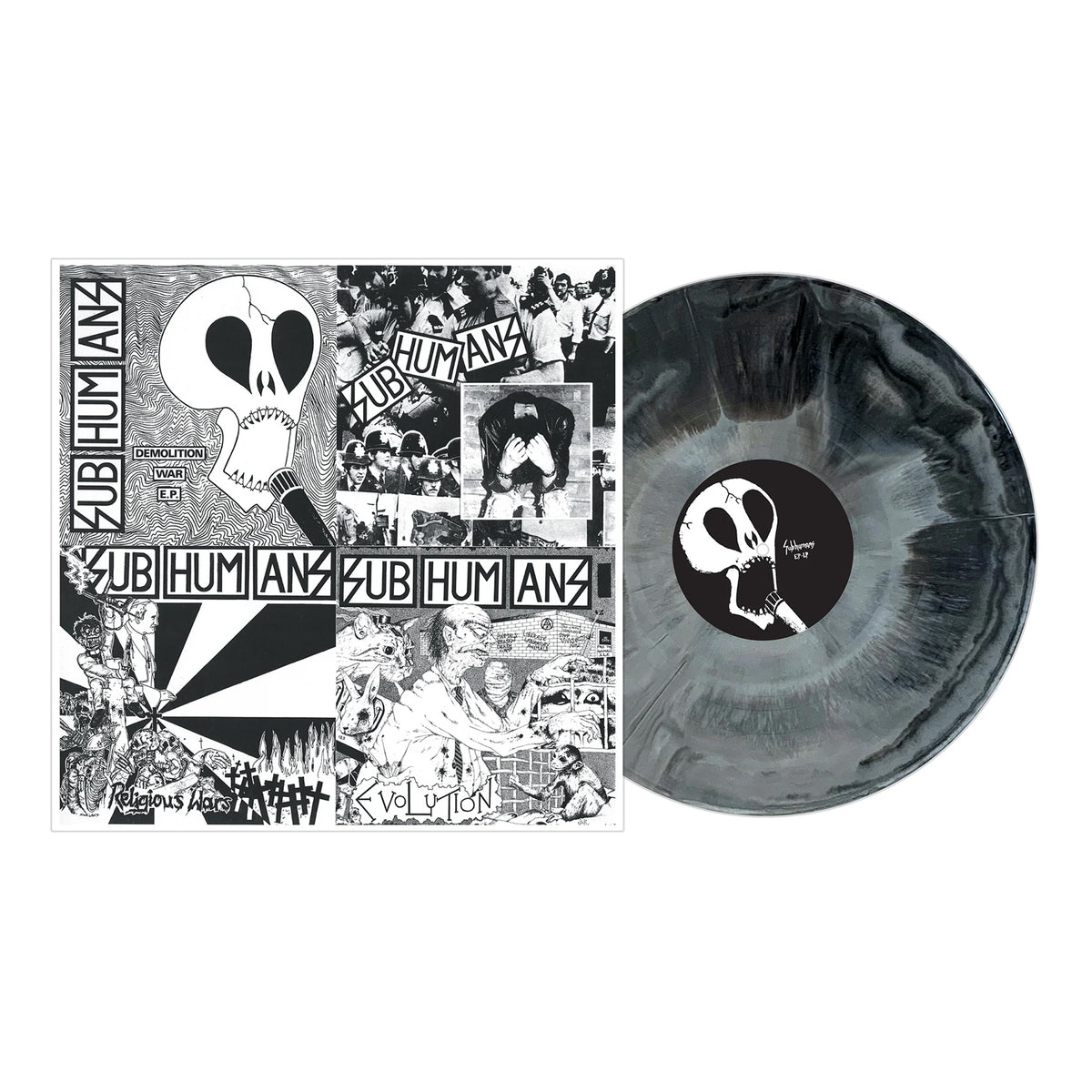 Classic UK Anarcho-Punk: Subhumans' black and white punk album with collage graphics, skull art, and band name, plus a marbled black &amp; white vinyl repress of the iconic Subhumans EP-LP.