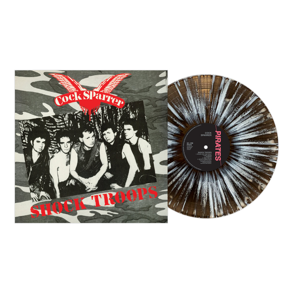 A vinyl record with a black, brown, and white splatter design sits by Cock Sparrer’s Shock Troops album cover, which shows a black-and-white band photo with red text on a camouflage background.