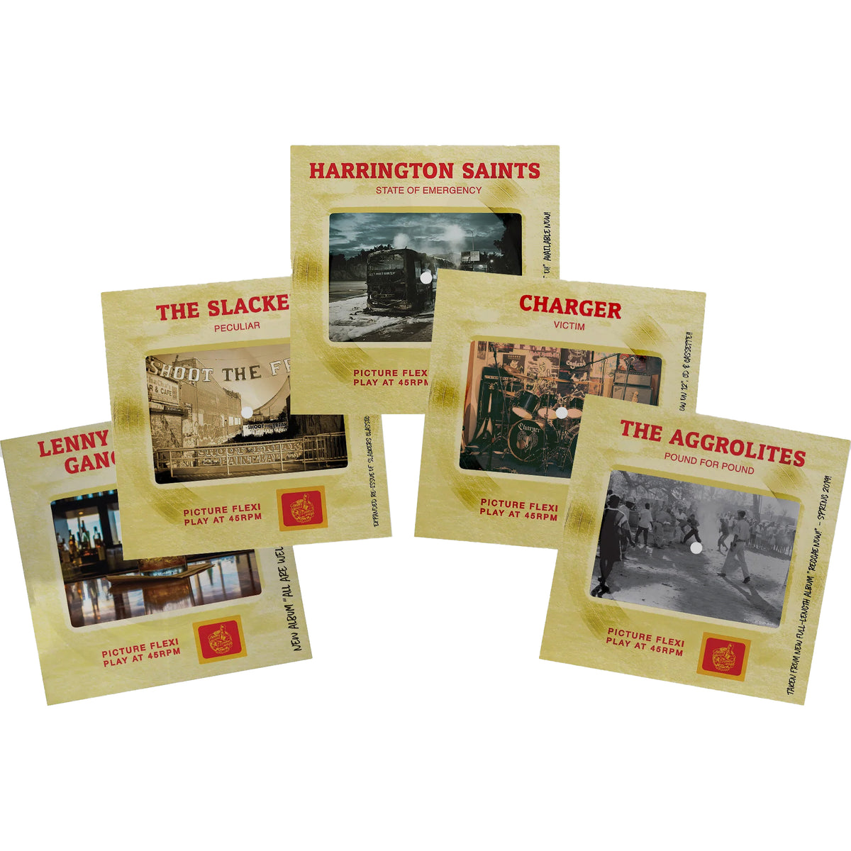 This set of five Pirates Press Records square coasters features vintage-style images and band names—Slackers, Aggrolites, Harrington Saints, Charger, and Lenny Lashley’s Gang—each mimicking classic vinyl record covers.