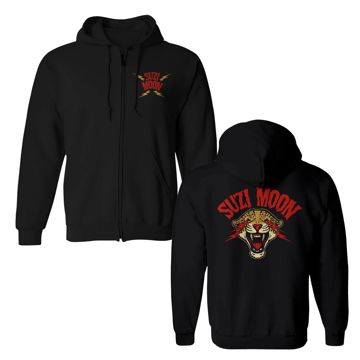 The Suzi Moon Black Independent hoodie features Suzi Moon text on the left chest and a large growling tiger graphic with bold red Suzi Moon lettering on the back.