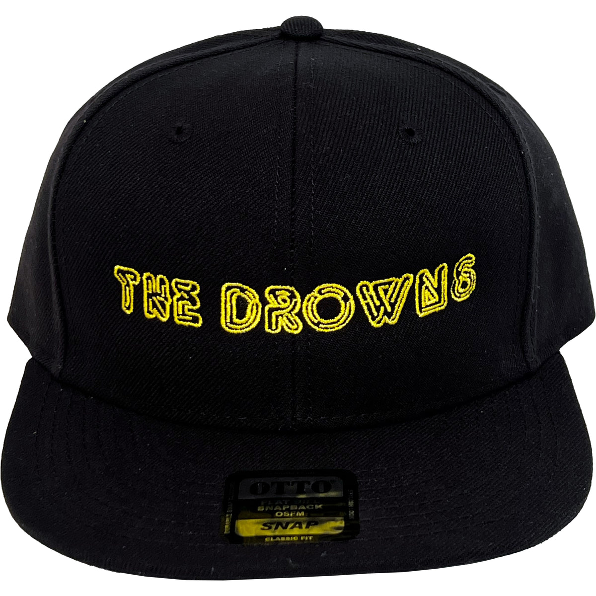 A black snapback hat by The Drowns, featuring neon yellow &quot;THE DROWNS&quot; embroidery on the front and a brim with an OTTO sticker for authenticity.