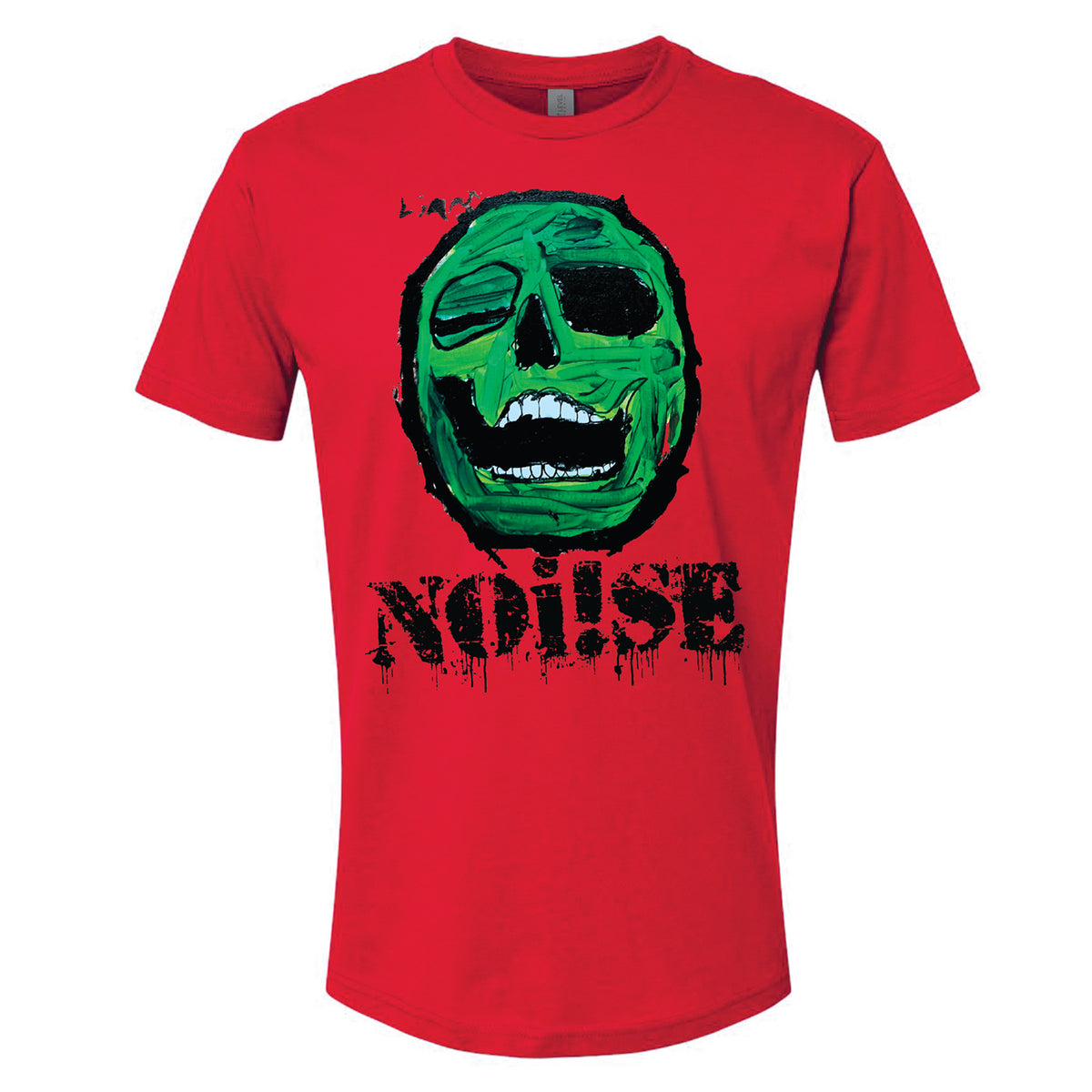 A red NOi!SE band t-shirt with a distressed green skull and wide open mouth above NOi!SE in black grungy drip lettering, printed on a comfy Next Level 3600 tee.