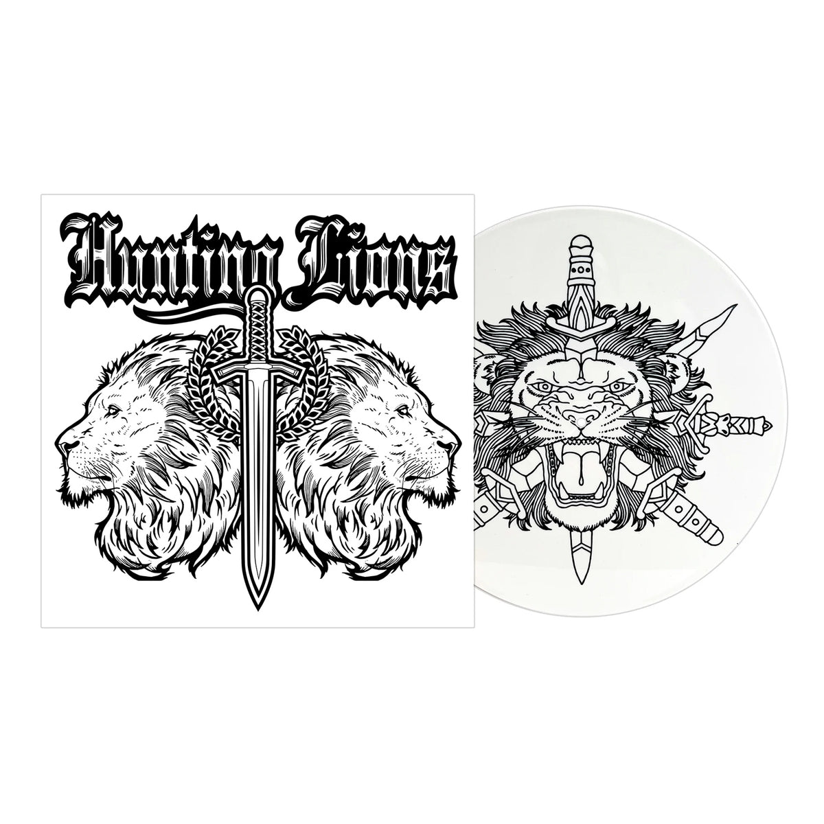 A limited edition white vinyl from Hunting Lions features black line art of two lions with a sword on the sleeve, Hunting Lions text above, and punk-inspired roaring lion with swords and wreaths on the record itself.