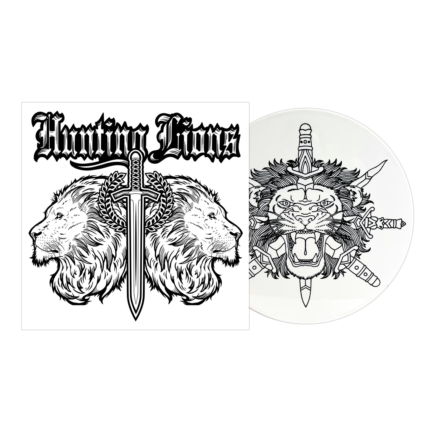 A limited edition white vinyl from Hunting Lions features black line art of two lions with a sword on the sleeve, Hunting Lions text above, and punk-inspired roaring lion with swords and wreaths on the record itself.