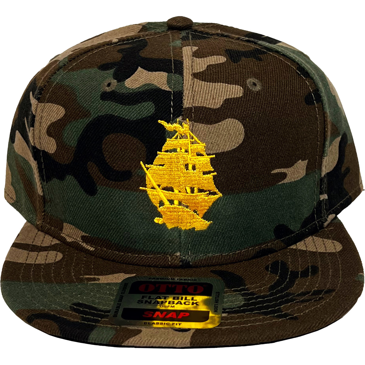A camo snapback hat from Pirates Press Records featuring a bright yellow embroidered ship logo on the front and an OTTO Snapback sticker on the brim—a standout piece for any collection.