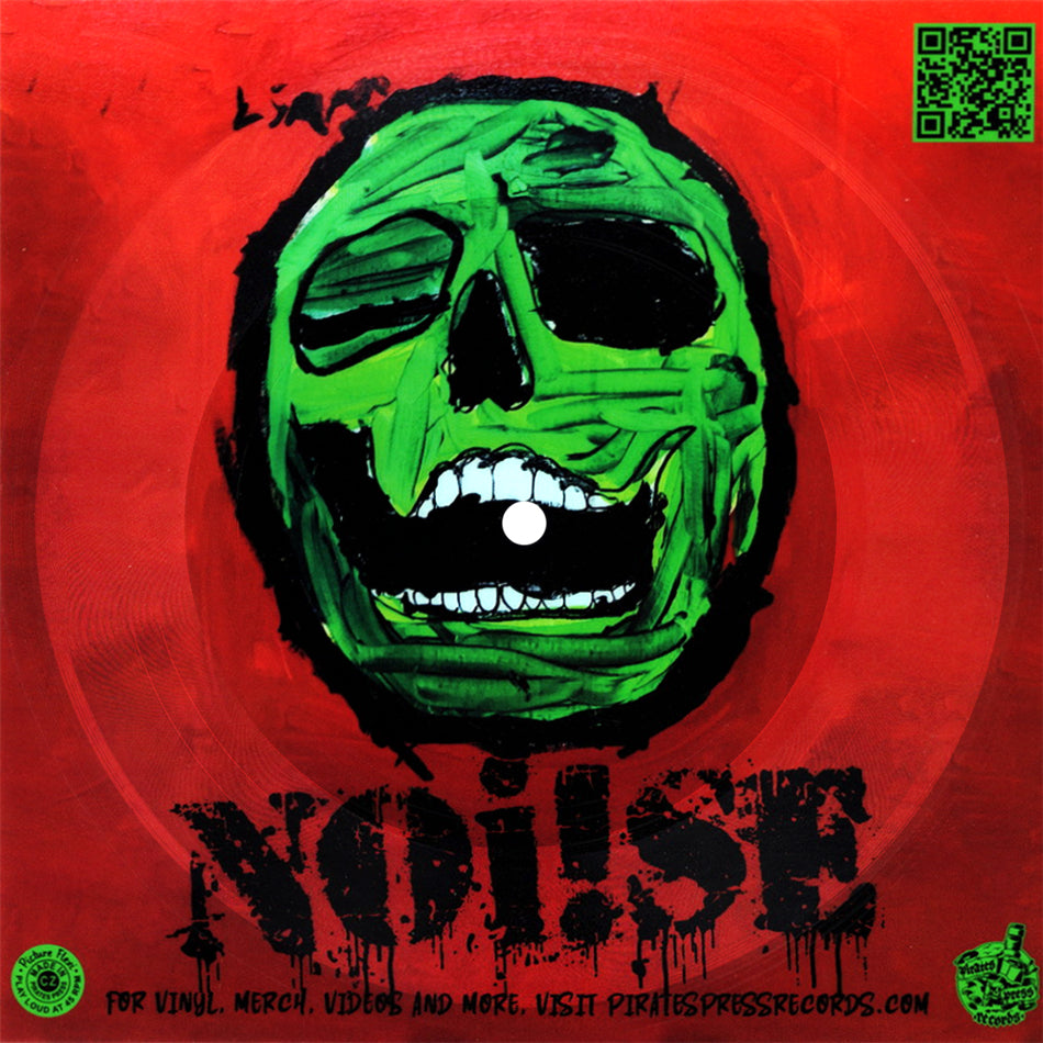 A vivid red album cover for NOi!SE features a distorted green skull with black eye sockets and an open mouth. The bold brand name appears below, while QR code and website info are placed in the corners.