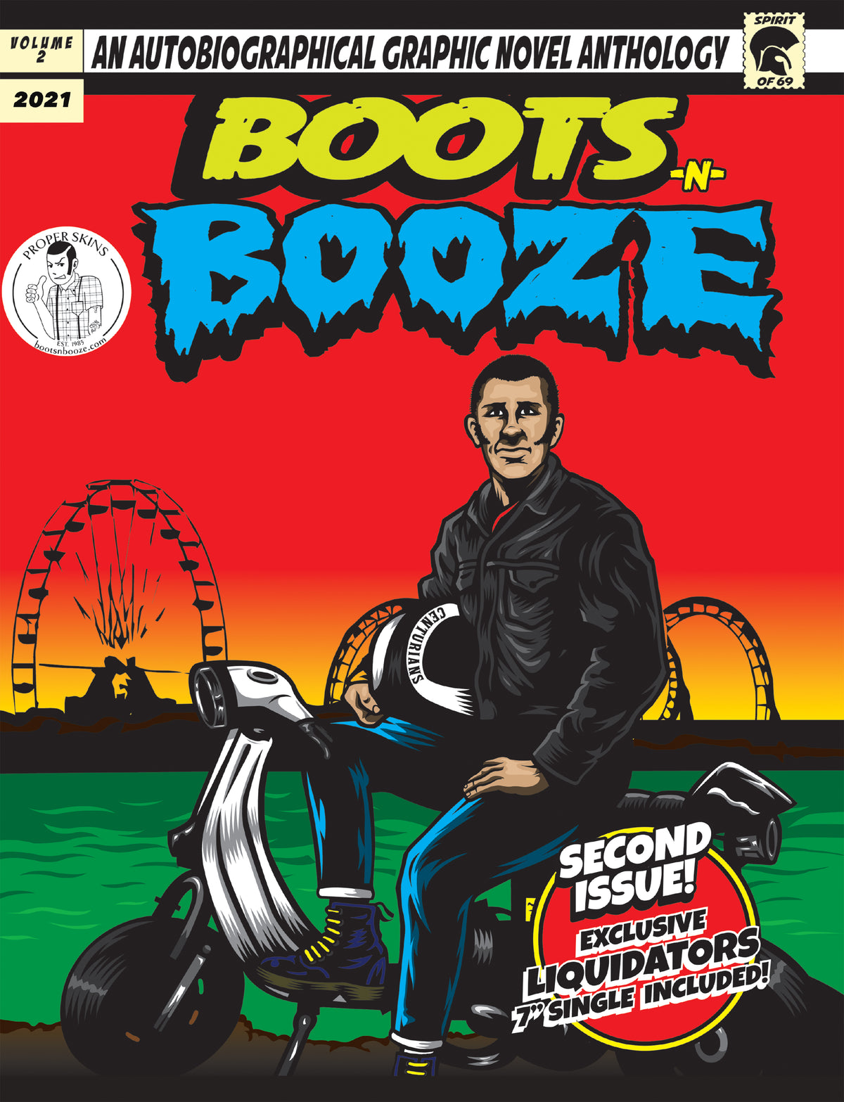 The BOOTSnBOOZE comic book cover features a man in a leather jacket on a scooter holding a helmet, set in Santa Cruz with bold graphics. The Liquidators appear against a Ferris wheel and rollercoaster backdrop.