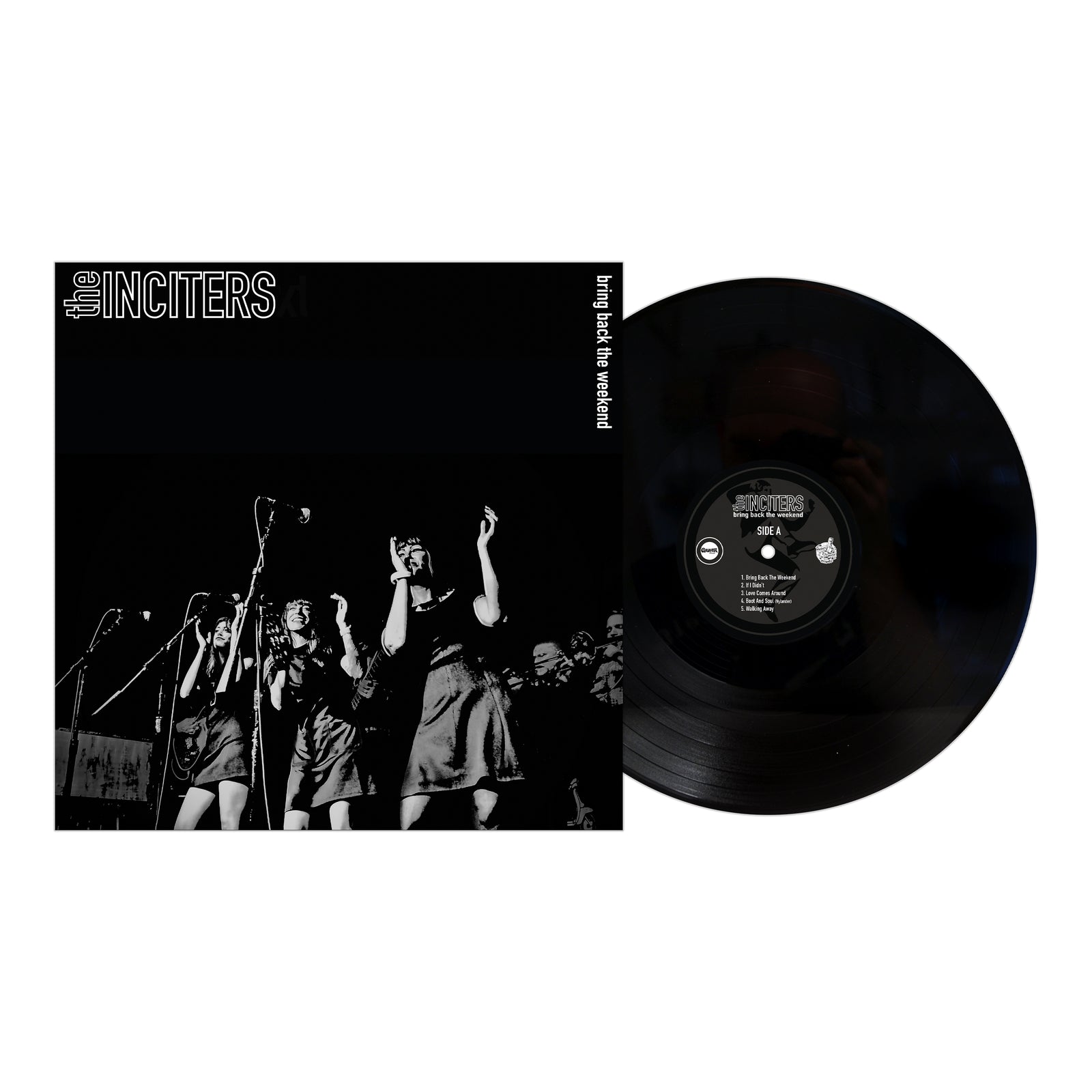 A black vinyl record is partially slid out of its album cover. The cover displays the brand name The Inciters and a black-and-white photo of a Northern Soul group performing on stage with microphones.