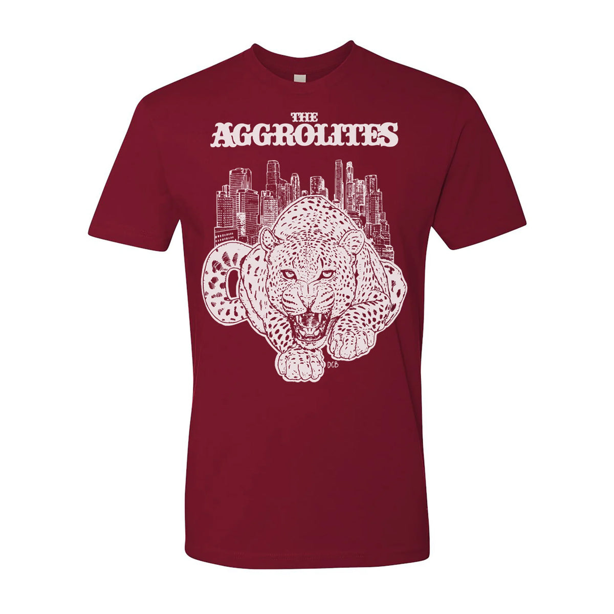 This maroon tee from The Aggrolites features a bold white illustration of a mid-pounce leopard against a city skyline, with The Aggrolites lettering above.