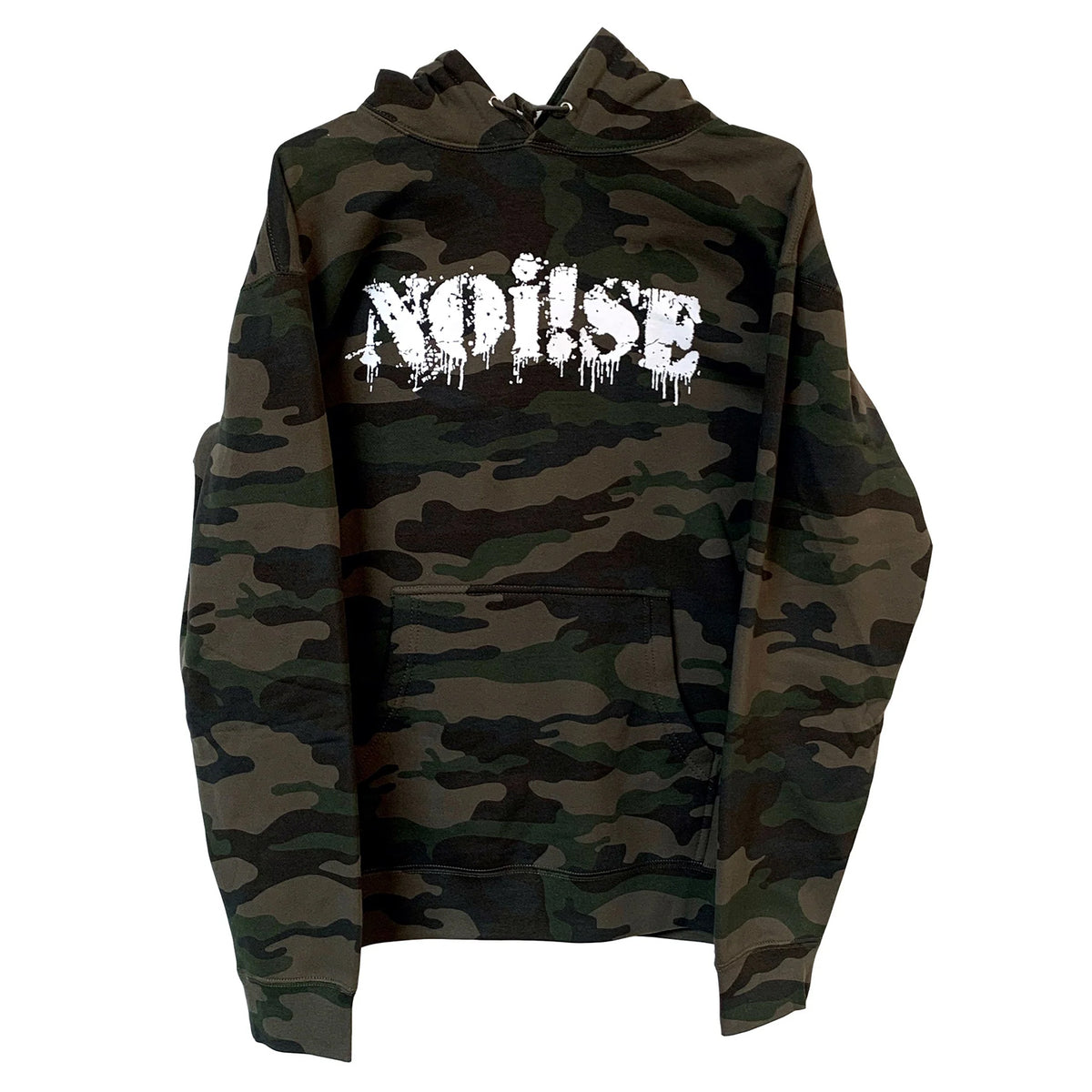 A camo NOi!SE sweatshirt with a front pocket, featuring the bold, distressed NOi!SE paint-drip logo across the chest.