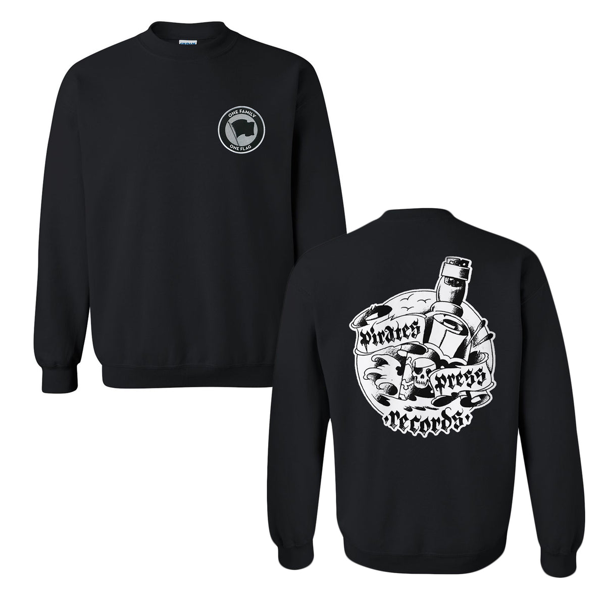 Pirates Press Records black crewneck sweatshirt featuring a small circular logo on the front left chest and a large back graphic with a bottle, ocean waves, and the Pirates Press Records text.