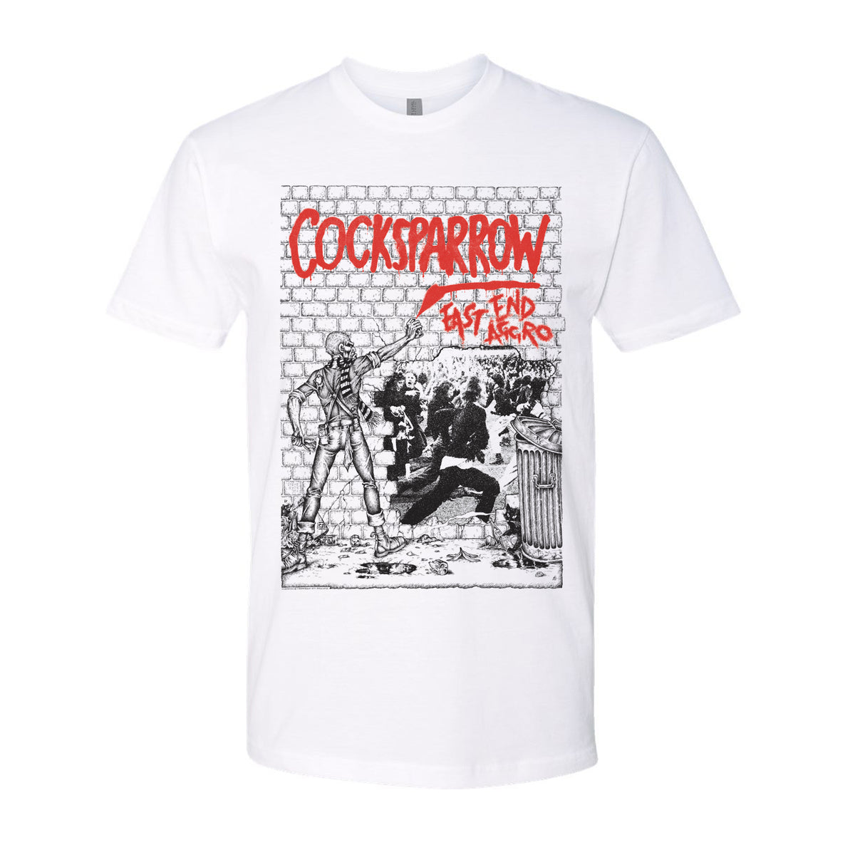 White Cock Sparrer t-shirt with a black-and-white comic-style street fight and bold red Cock Sparrer and EAST END AGGRO text—a standout East End London design.