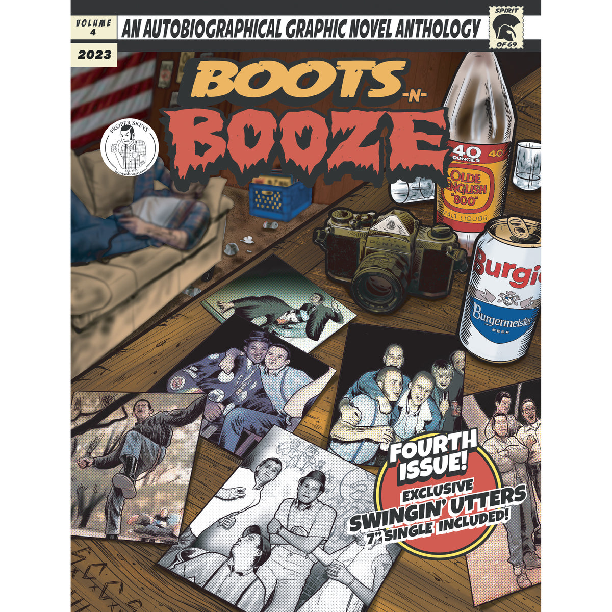 The BOOTSnBOOZE Issue 4 comic book cover features photos, beer bottles, a 7&quot; vinyl, and a cowboy boot on a wooden table, with a man watching TV in the background. This issue highlights Santa Cruz skinheads and includes music.