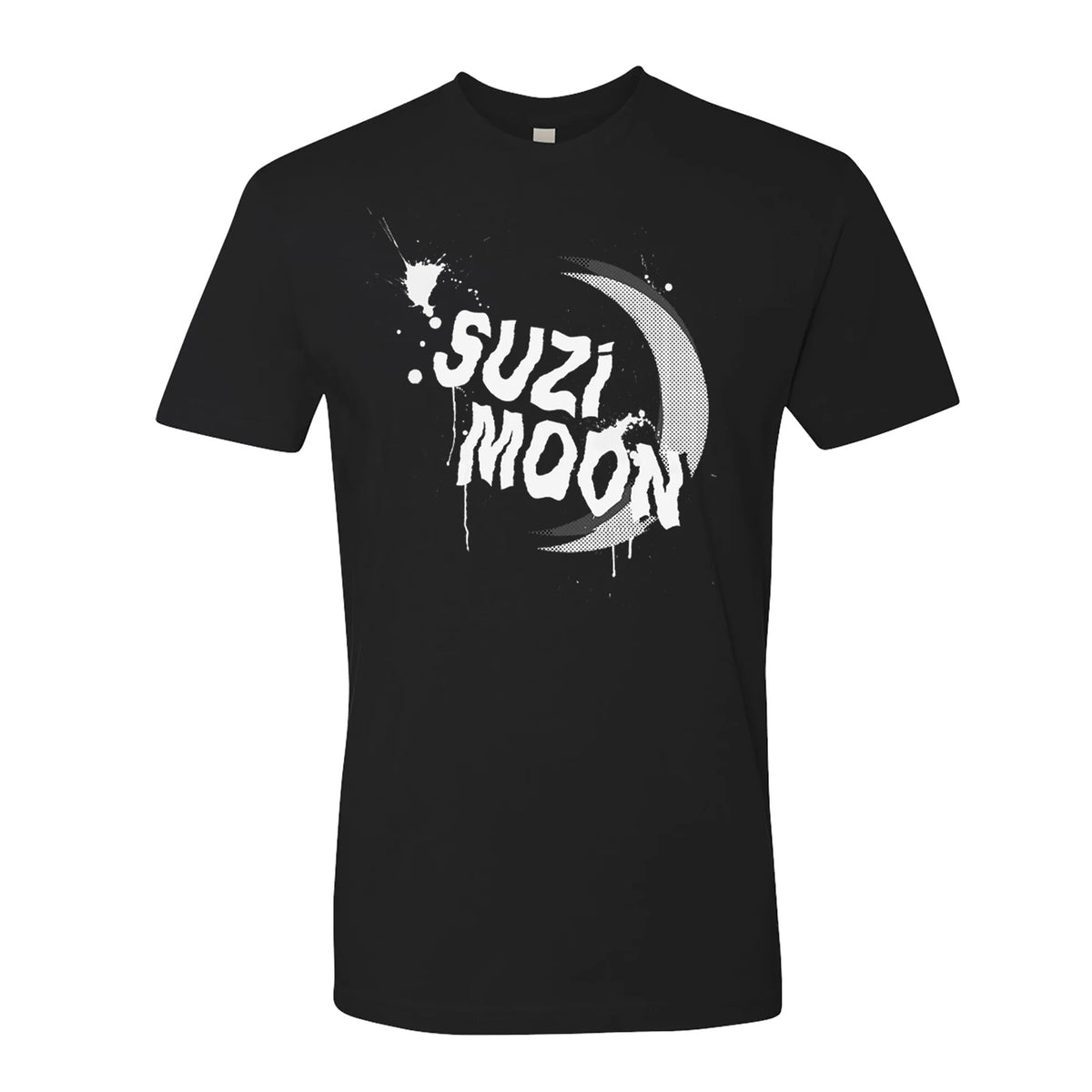 The Suzi Moon black T-shirt features a bold white graffiti-style logo with paint splatters and a crescent moon graphic in the background.