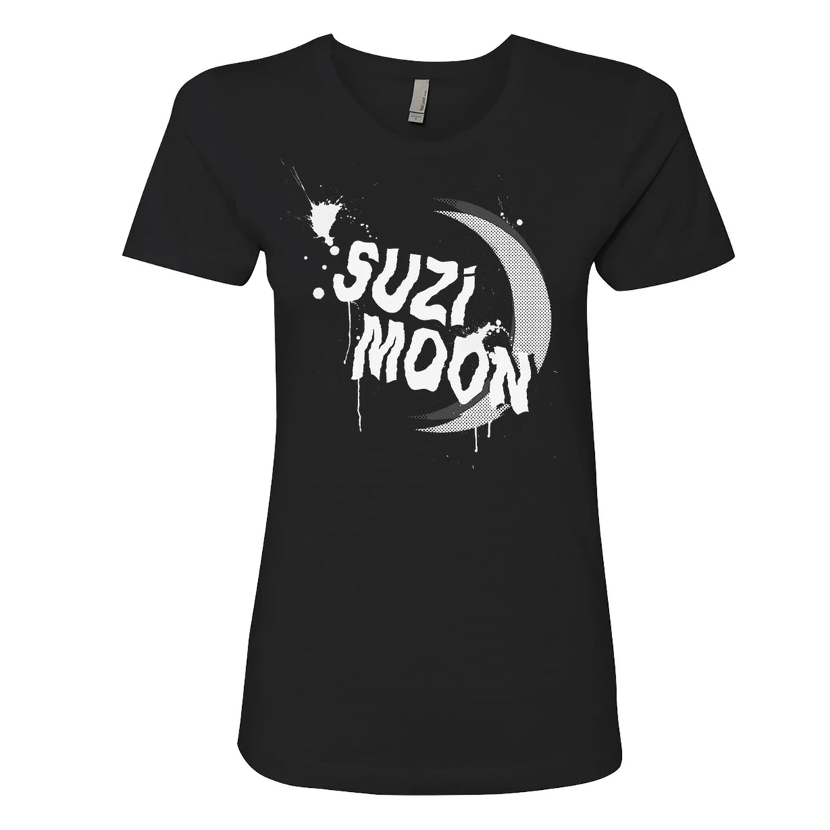 Suzi Moon black logo t-shirt with white stylized text, paint splatters, and crescent moon graphic—ideal for anyone who loves bold style.