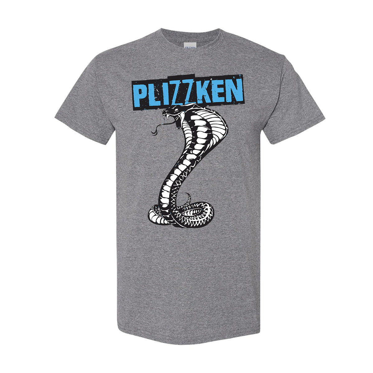 Plizzken grey t-shirt with a bold coiled cobra and PLIZZKEN in blue and white above. Printed on quality Gildan 5000 for comfort and style.