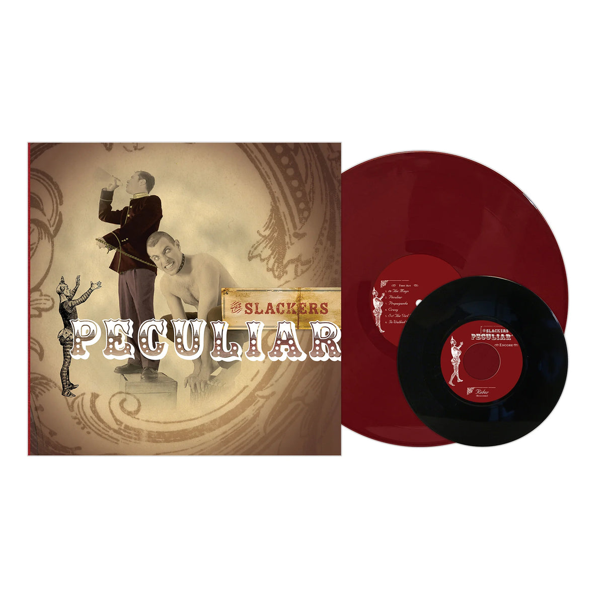 Album cover for The Slackers Peculiar features sepia-toned vintage-style art of two men, plus a large red and smaller black vinyl record—echoing the bands reggae-ska fusion sound. Brand: The Slackers.