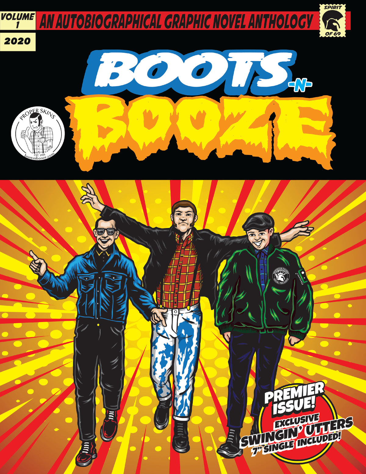 Comic book cover shows three smiling people in punk, skinhead, and casual outfits walking arm-in-arm against a red and yellow burst. Title: BOOTSnBOOZE, an autobiographical graphic novel anthology set in Santa Cruz.