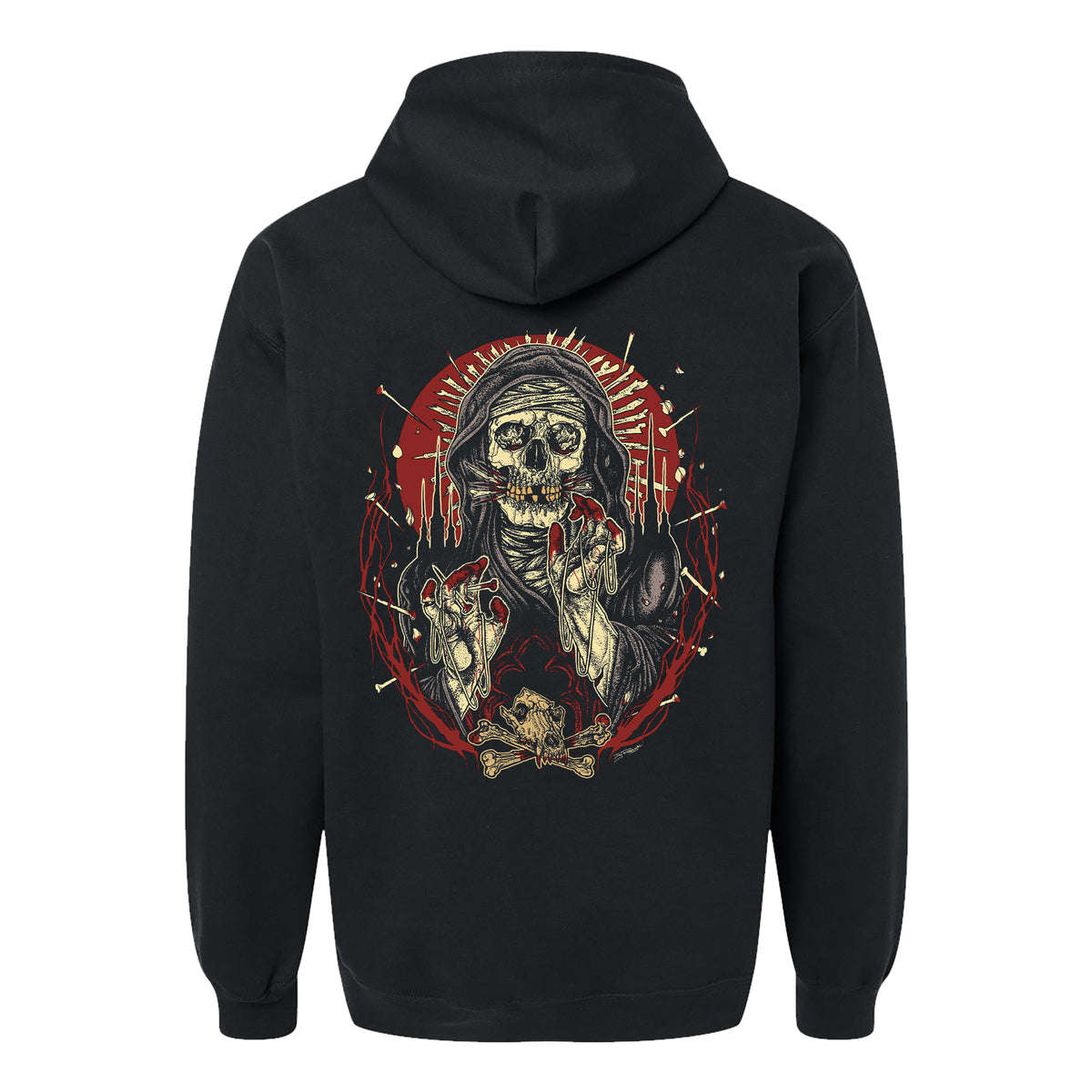 The Starving Wolves black Gildan Soft-Style hoodie showcases a skeleton in dark robes with red rays, barbed wire, and skull-and-bones details—a bold graphic true to the bands signature style.