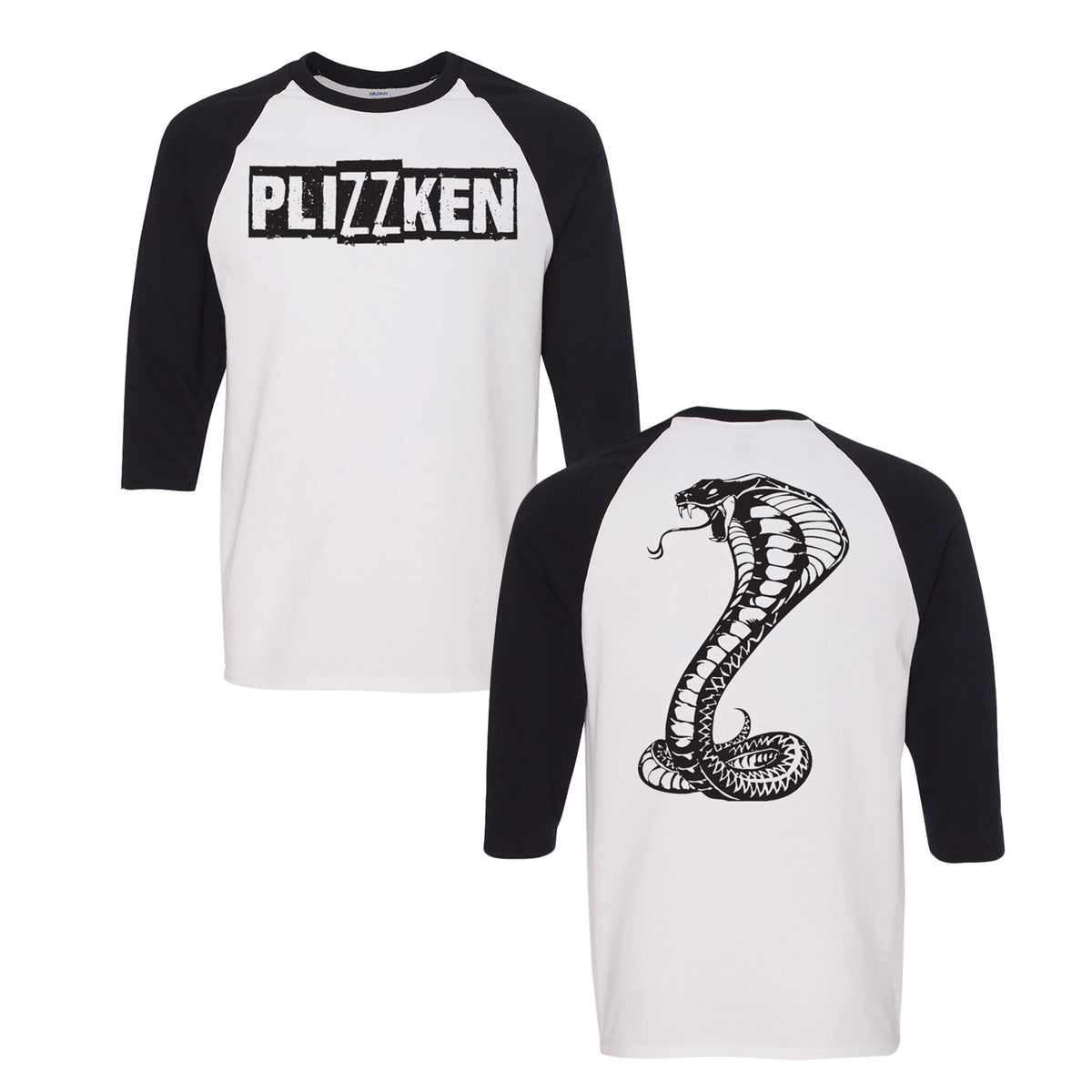 Plizzken’s white baseball tee with black sleeves, inspired by the Gildan 5700, features a bold distressed Plizzken logo on the front and a large detailed cobra illustration with flared hood on the back.