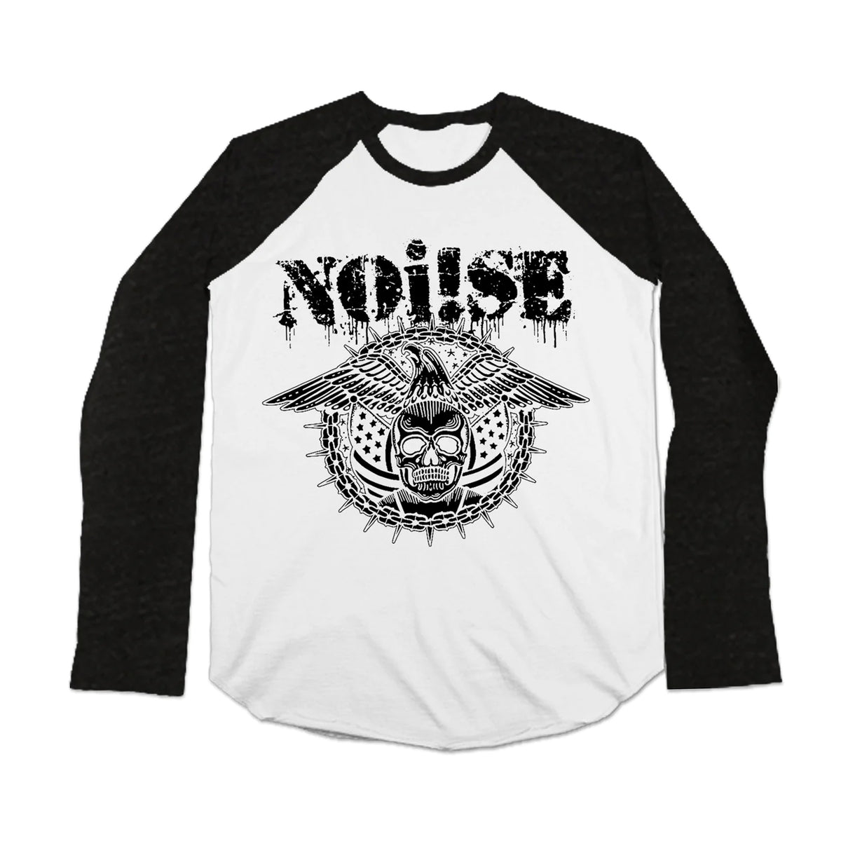 The NOi!SE white and black baseball tee displays the brand’s name in bold, distressed text above a detailed winged skull logo, inspired by the iconic NOi!SE Skull Eagle design with a spiked circle backdrop.