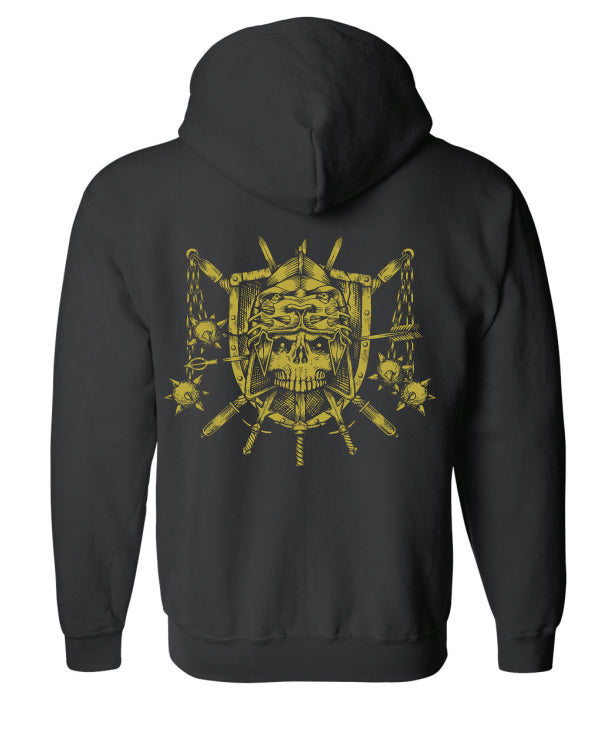 Black Lions Law Gildan 18600 zip-up hoodie with a large, detailed yellow back graphic showing a skull, shield, crossed swords, and smaller skulls and weapons around the main design.