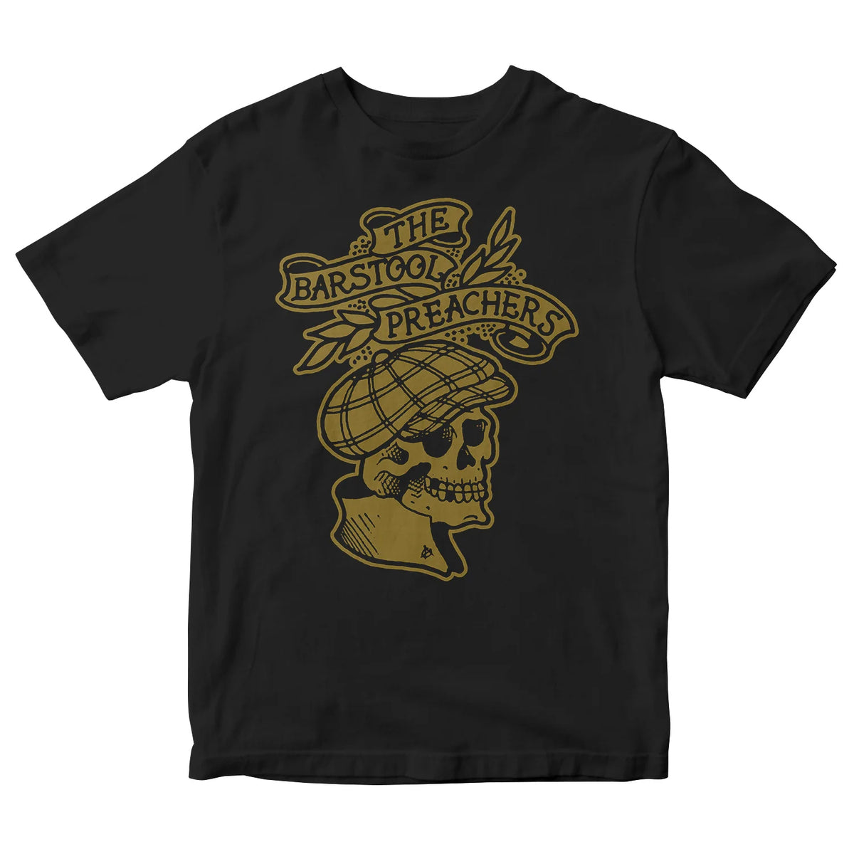 The Bar Stool Preachers Black Skull T-shirt features a gold skull in a newsboy cap, floral accents, and a bold banner. Printed on premium Next Level fabric for comfort and style.