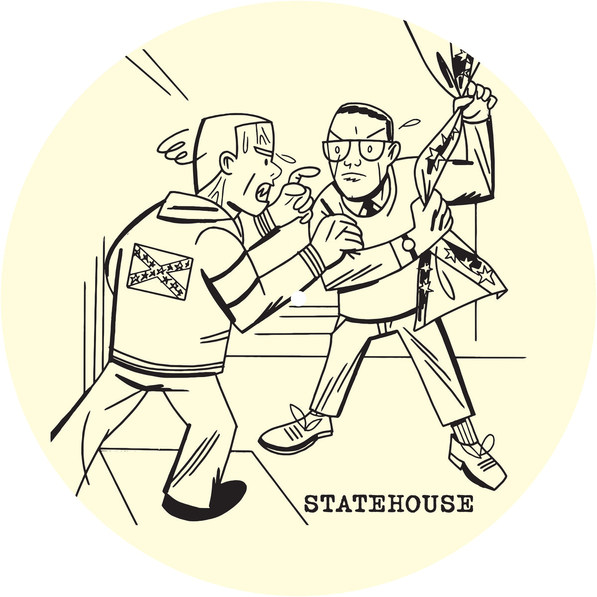 Wearing a Confederate flag jacket, one person confronts another with a torn American flag inside a Statehouse, both arguing fiercely—capturing the high-energy vibe of a show by The Slackers.