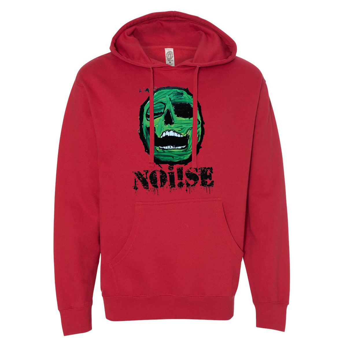 A red NOi!SE hoodie called Liam, featuring a large green face with an open mouth and distressed black NOISE lettering beneath.