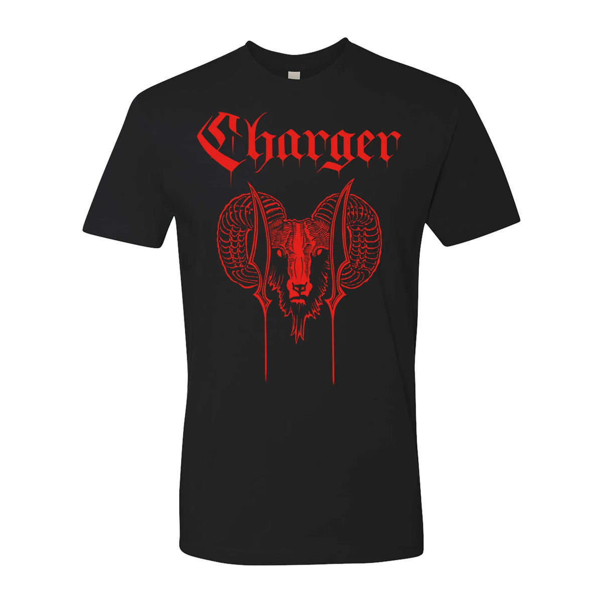 The Charger brand black unisex T-shirt displays Charger in bold red gothic lettering above a striking rams head with large curled horns and dramatic dripping effects.