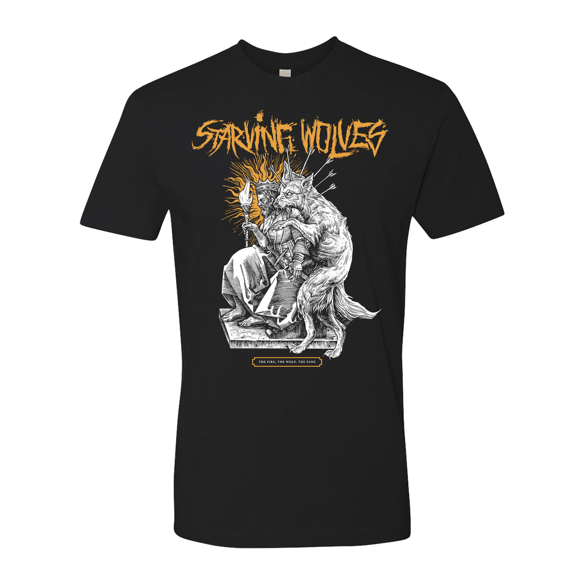Black Next Level shirt by Starving Wolves showcasing bold yellow text above a robed figure with a torch, encircled by a snarling wolf. The Fire The Wolf The Fang appears in yellow below the illustration.