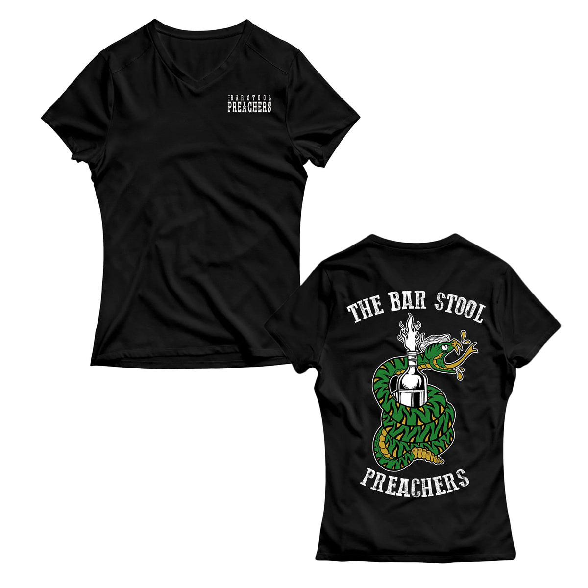 The Bar Stool Preachers Black Snake Logo T-shirt features a small front text and a bold green snake coiled around a beer tap graphic on the back, with The Bar Stool Preachers printed above and below the image.