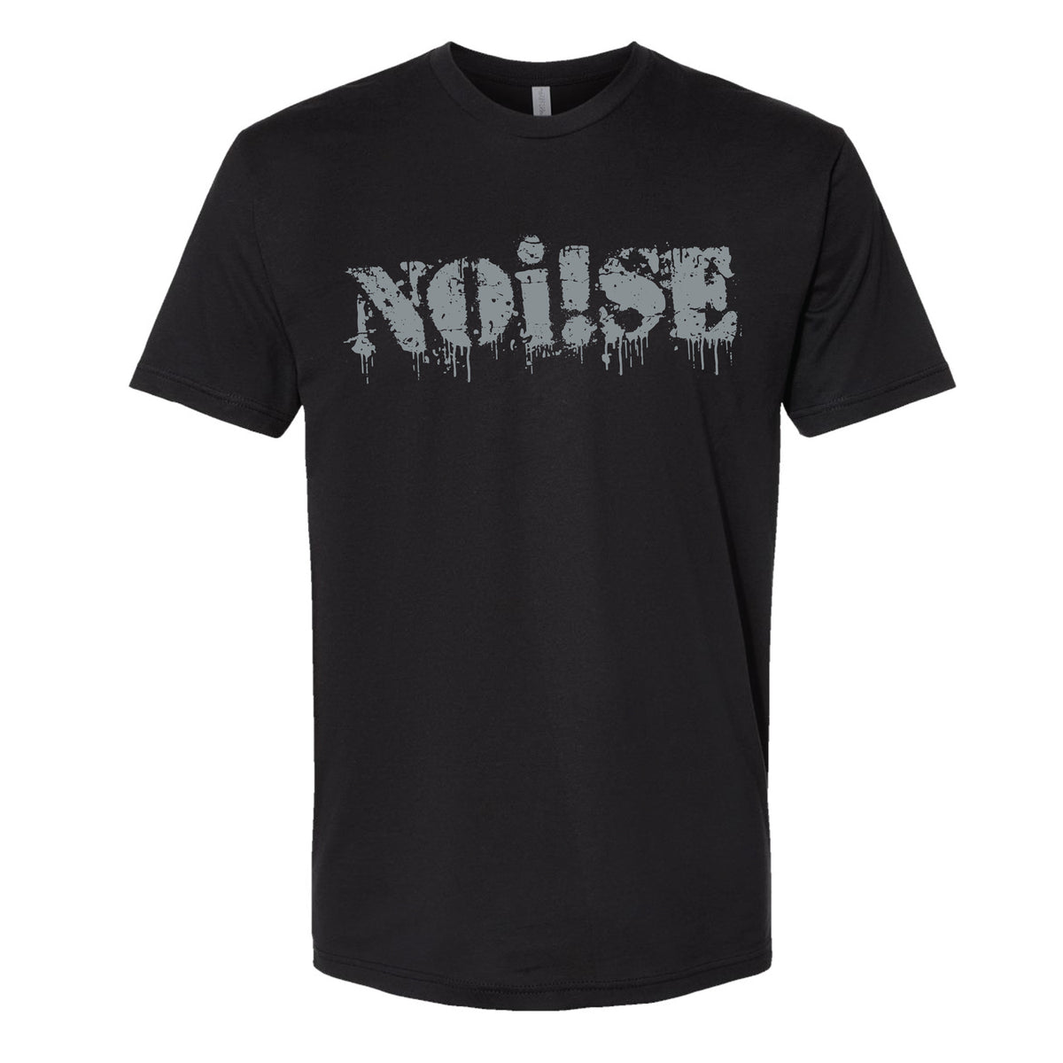 The NOi!SE black Next Level shirt showcases the bands logo in large, distressed gray letters with a silver ink drip effect across the chest.