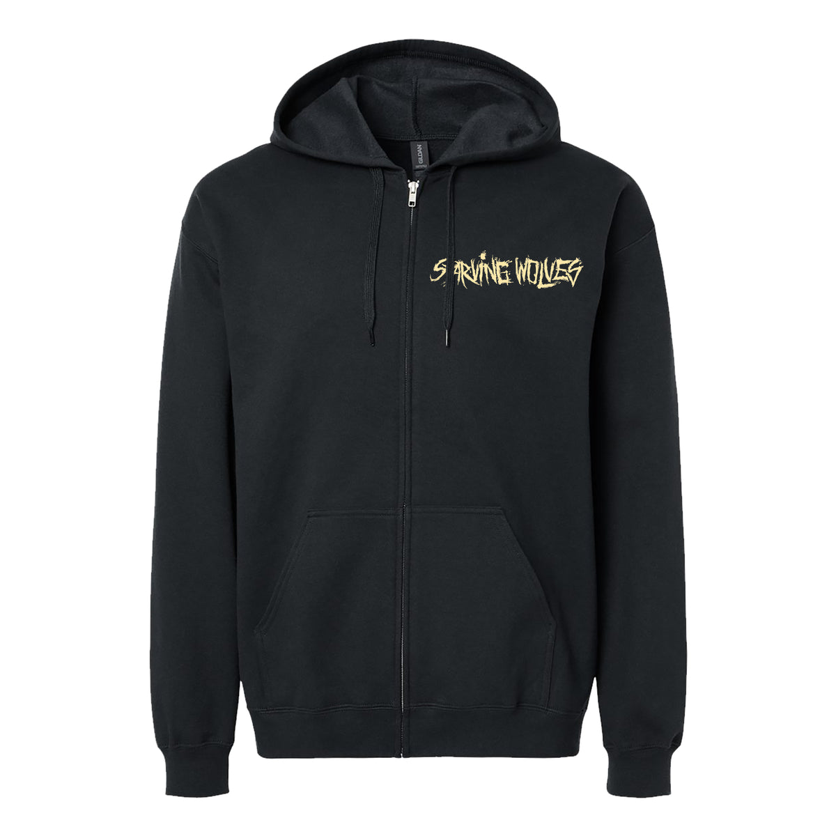 Stay cozy in this black Starving Wolves zip-up hoodie with a front pocket and hood. Bold yellow STARVING WOLVES text on the left chest adds standout style.