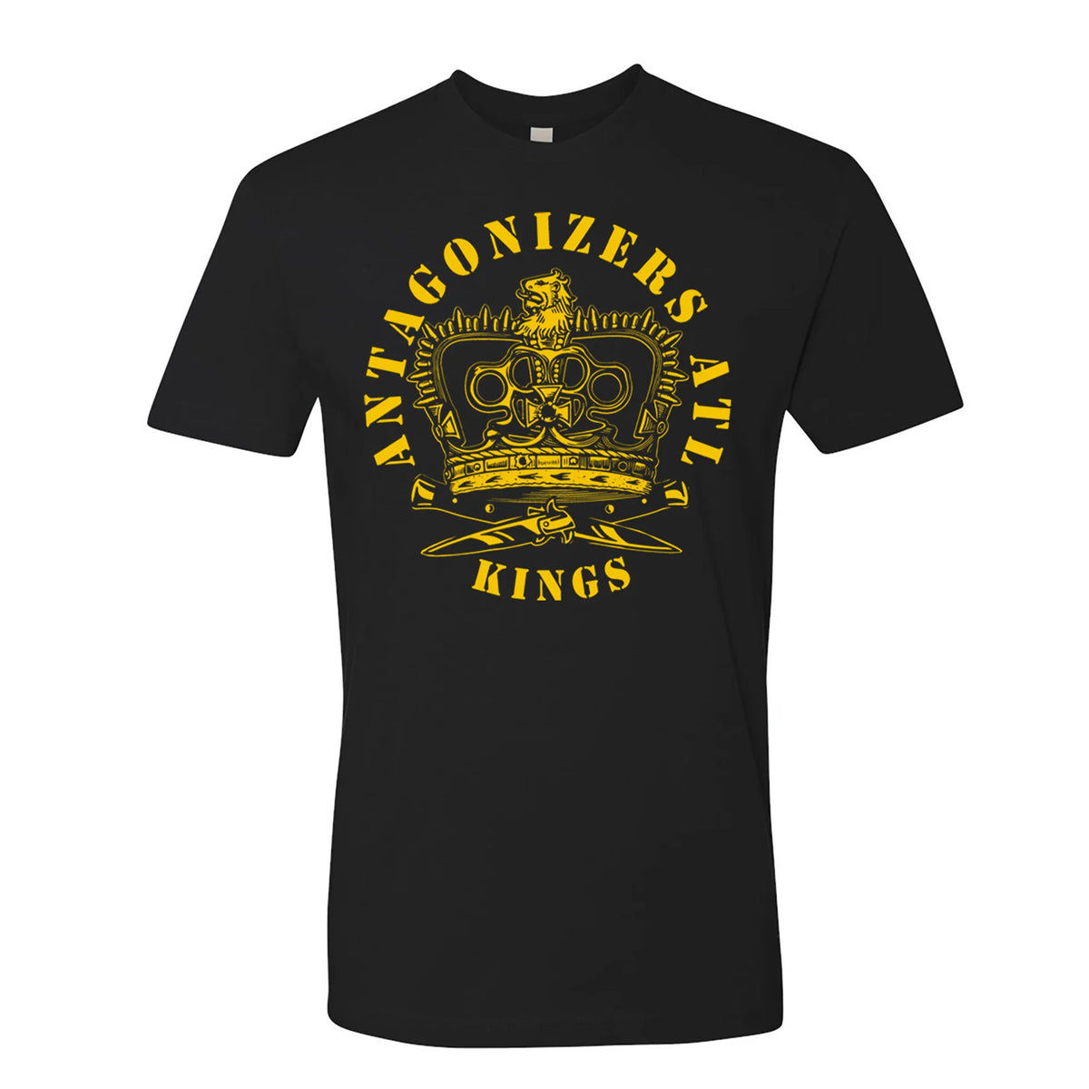Black Antagonizers ATL Next Level 3600 T-shirt with a large yellow crown, crossed straight razors, and “ANTAGONIZERS ATL KINGS” curved around the design—a must-have Kings album shirt for true fans.
